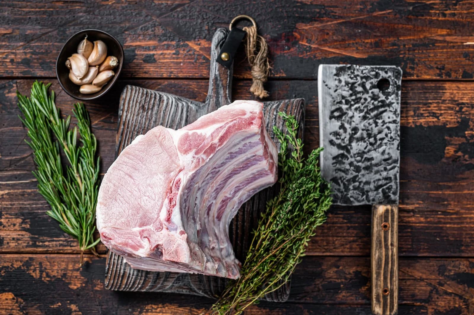 Pork loin chops on a butcher board